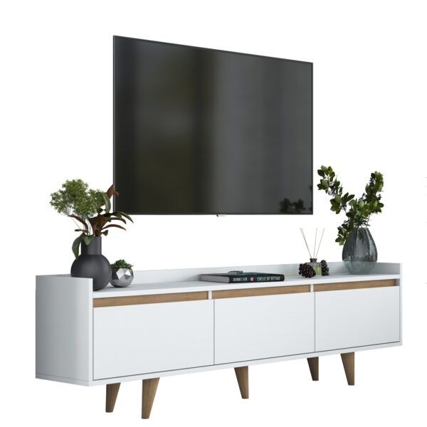 Έπιπλο τηλεόρασης Hafmi pakoworld λευκό-καρυδί μελαμίνη και ξύλινο πόδι σε φυσική απόχρωση 180x29.7x51.8εκ