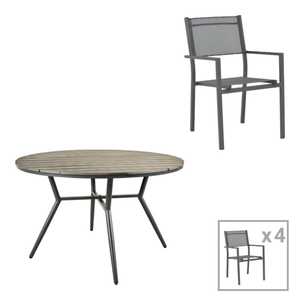 Τραπεζαρία Appa-Moly σετ 5τεμ pakoworld αλουμίνιο και plywood σε ανθρακί απόχρωση Φ120x74εκ