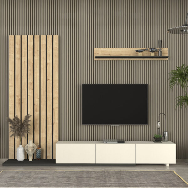 Σύνθεση τηλεόρασης Nagini Megapap χρώμα ivory - sapphire oak - ανθρακί 260x39