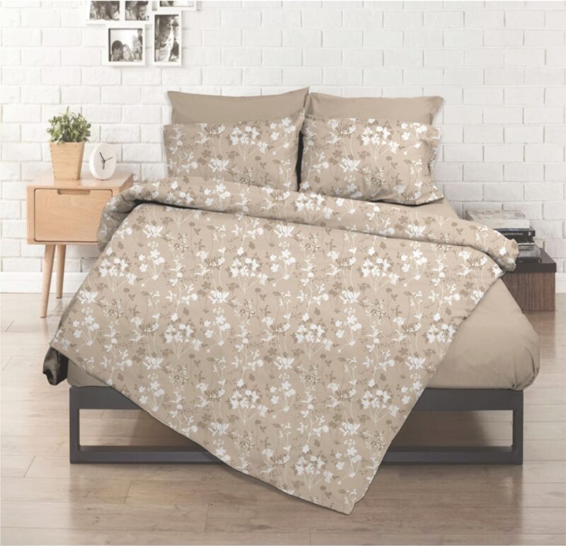 Σεντόνι λάστιχο εμπριμέ Σχ. Flower beige poly/cotton  144 κλωστών